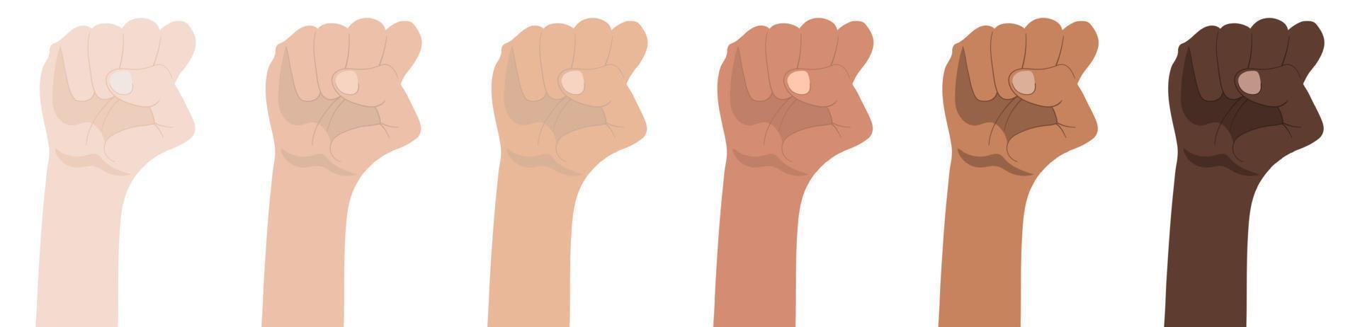 poings levés isolés sur fond blanc. symbole d'unité, de révolution, de protestation, de coopération et de solidarité. l'égalité raciale. illustration vectorielle. vecteur