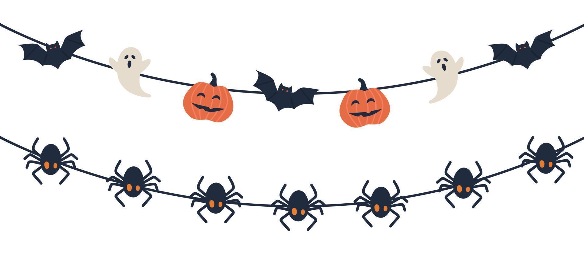 bannière de texte joyeux halloween avec chauve-souris, araignée, citrouille et fantôme, image vectorielle vecteur