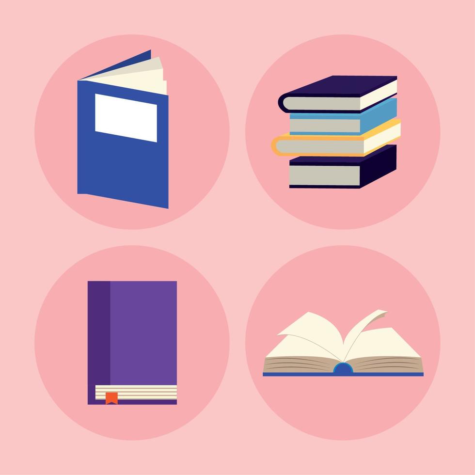 quatre icônes d'alphabétisation de livres vecteur