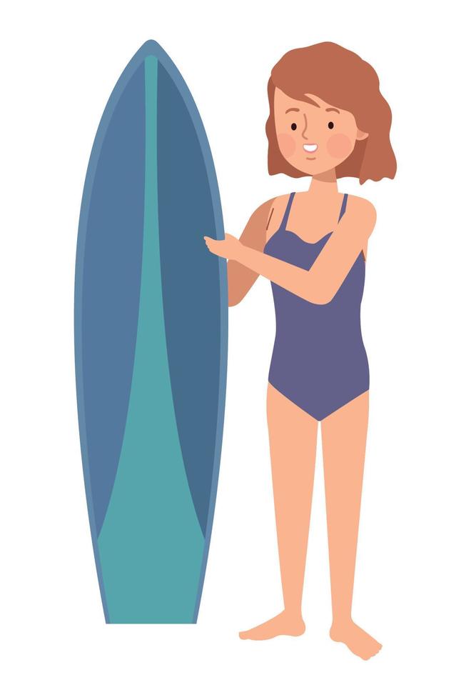 femme avec planche de surf bleue vecteur