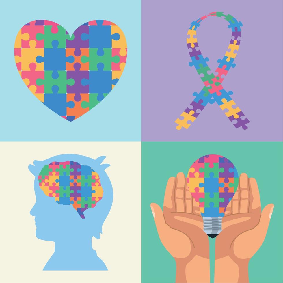 quatre icônes de la journée de l'autisme vecteur