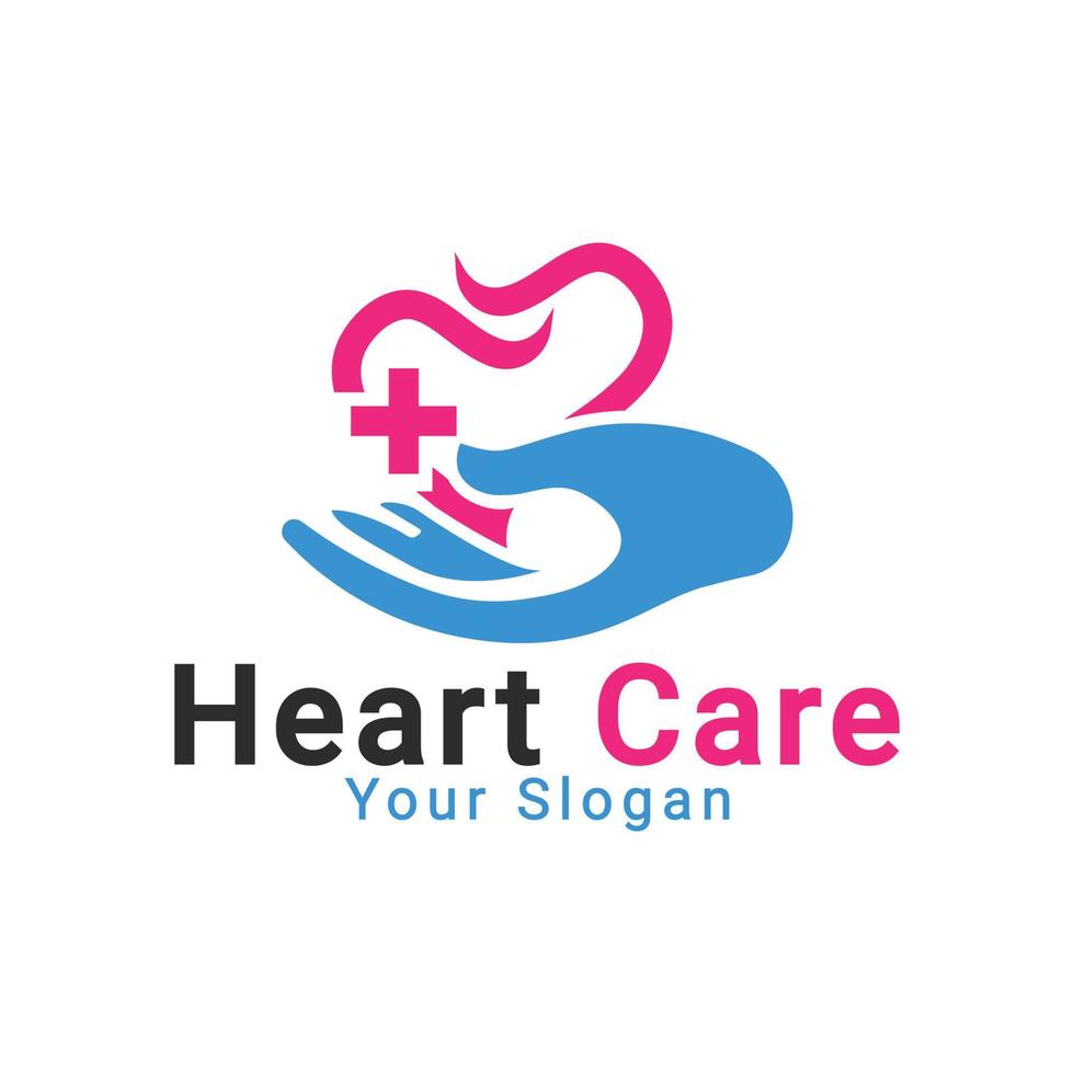 logo de soins cardiaques, mains avec logo coeur, modèle de logo cube coeur vecteur