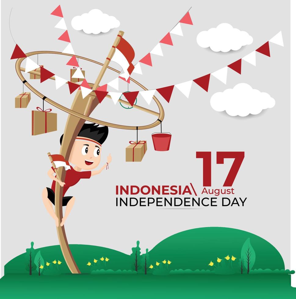 bannière heureux célébrer le jour de l'indépendance de l'indonésie le garçon heureux grimper noix d'arec pour obtenir des prix vecteur