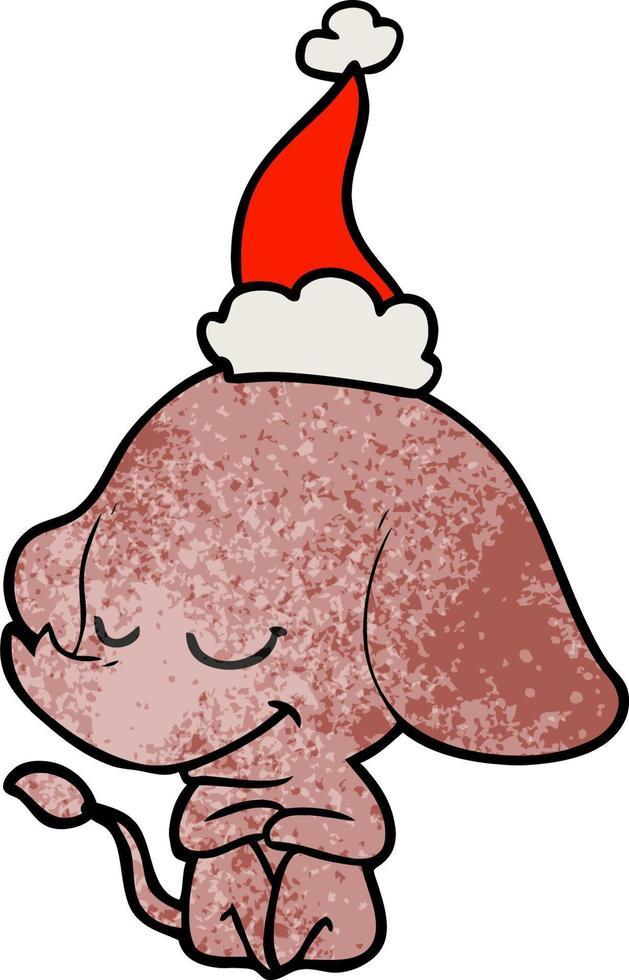 dessin animé texturé d'un éléphant souriant portant un bonnet de noel vecteur