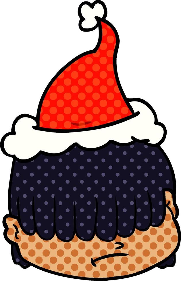 illustration de style bande dessinée d'un visage avec des cheveux sur les yeux portant un bonnet de noel vecteur