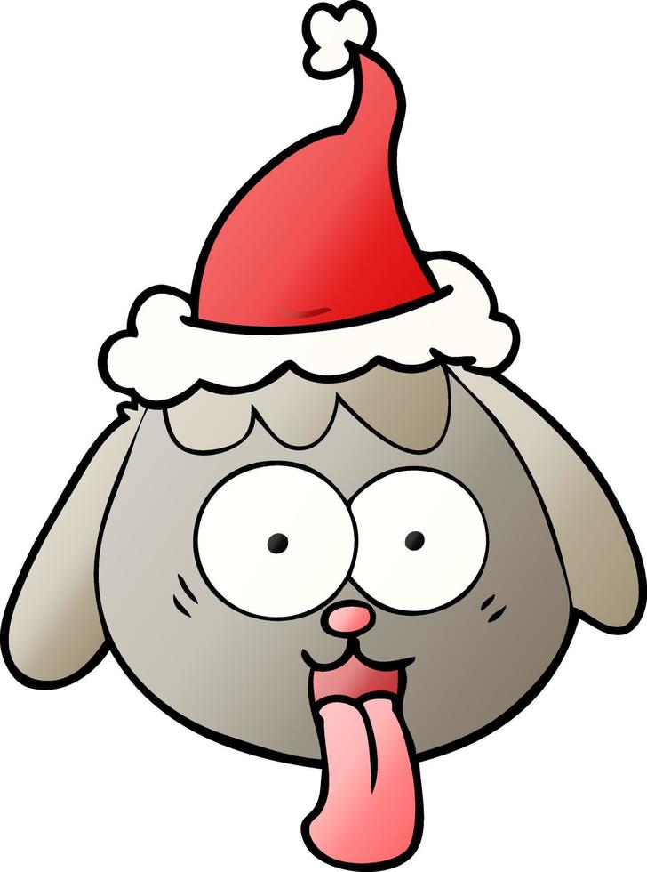 dessin animé dégradé d'un visage de chien haletant portant un bonnet de noel vecteur