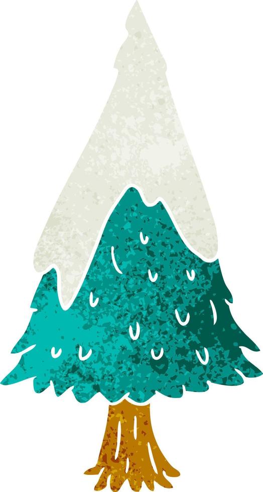 dessin animé rétro doodle seul arbre couvert de neige vecteur