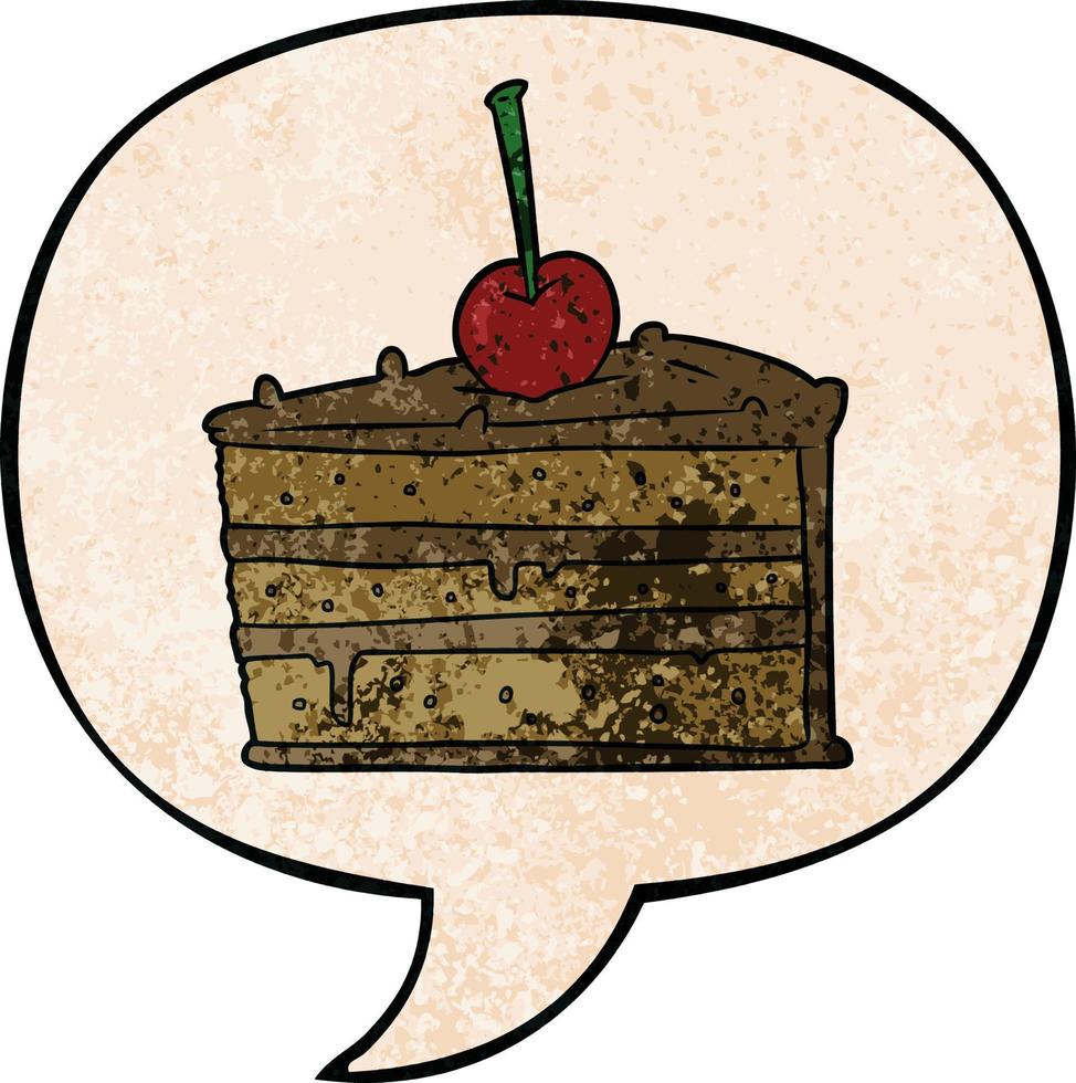 dessin animé savoureux gâteau au chocolat et bulle de dialogue dans un style de texture rétro vecteur