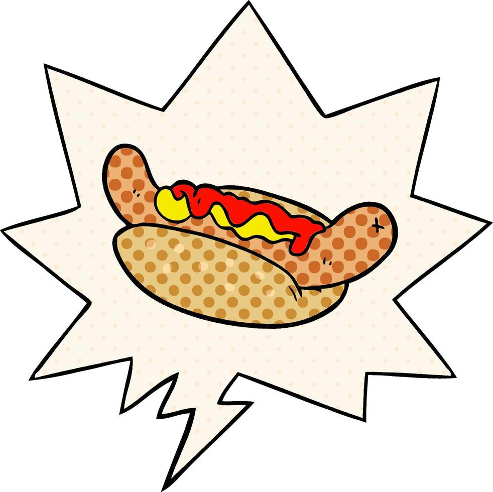 hot-dog savoureux frais de dessin animé et bulle de dialogue dans le style de la bande dessinée vecteur