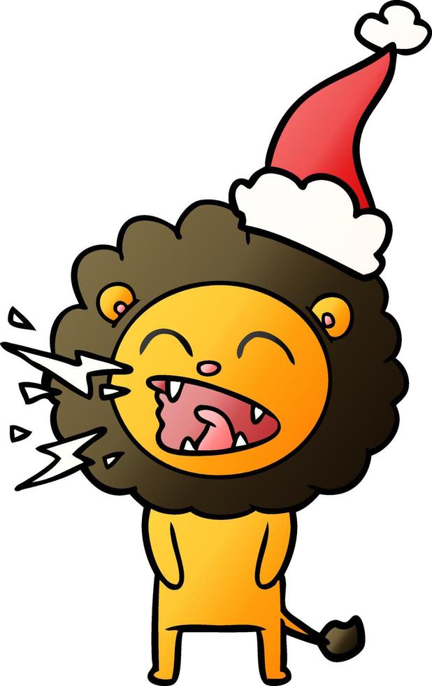 dessin animé dégradé d'un lion rugissant portant un bonnet de noel vecteur