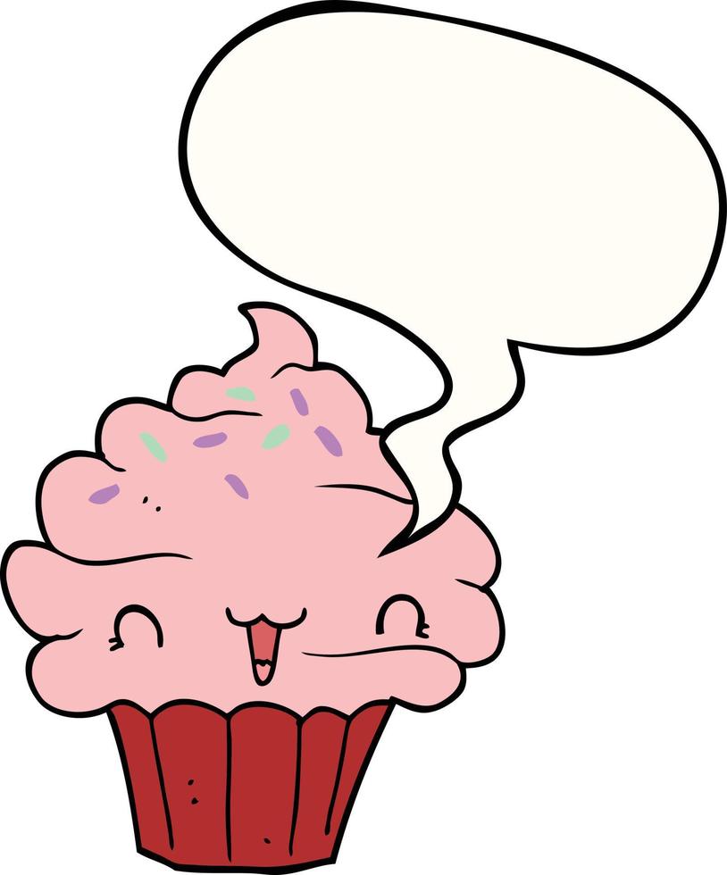 cupcake givré de dessin animé mignon et bulle de dialogue vecteur