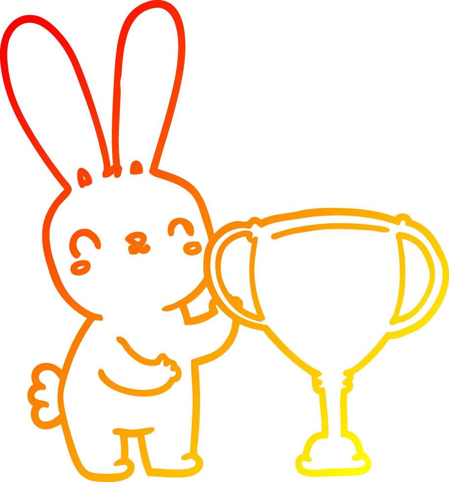 ligne de gradient chaud dessinant un lapin de dessin animé mignon avec une coupe de trophée de sport vecteur