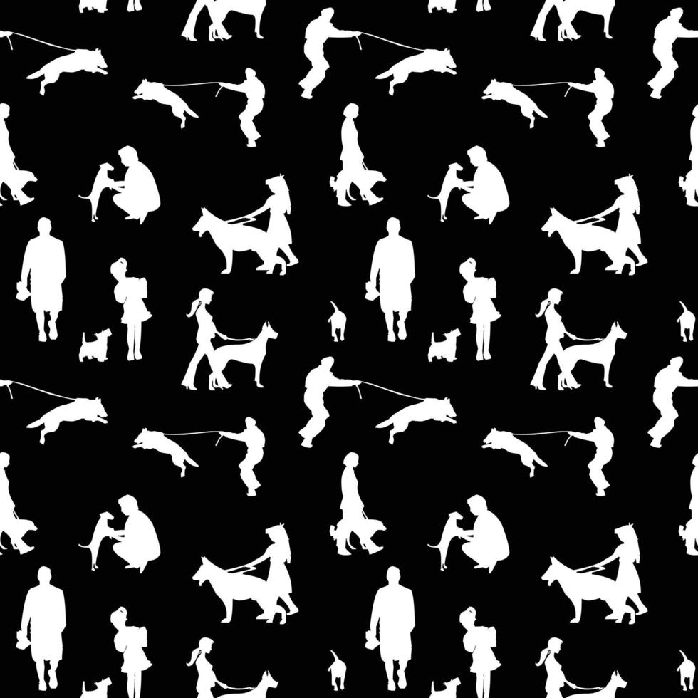 modèle sans couture d'animal de compagnie et de propriétaires tenant ou promenant un chien, concepts de barkitecture noir et blanc vecteur