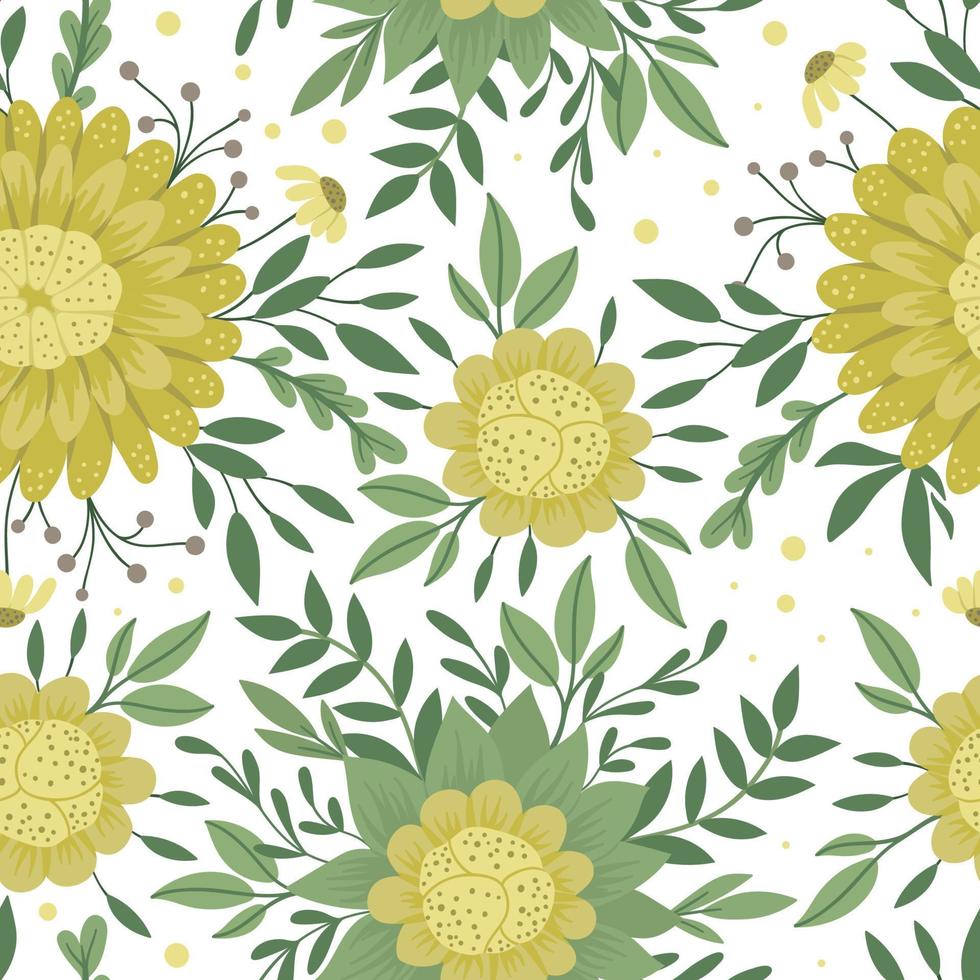 texture transparente florale de vecteur. illustration à la mode plate dessinée à la main avec des fleurs jaunes, des feuilles, des branches sur fond blanc. motif répétitif avec prairie, bois, plantes forestières. vecteur