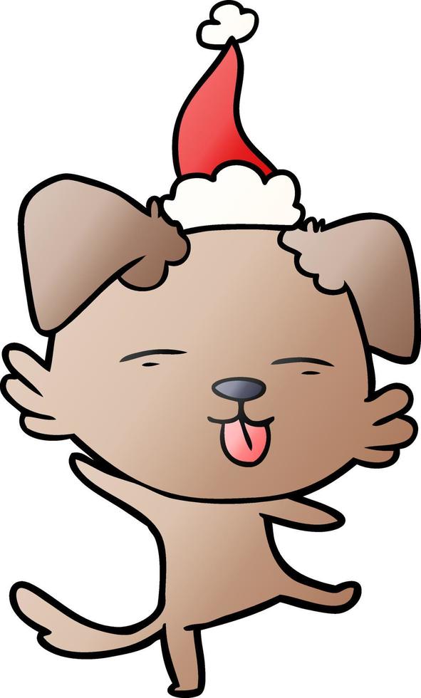 dessin animé dégradé d'un chien dansant portant un bonnet de noel vecteur