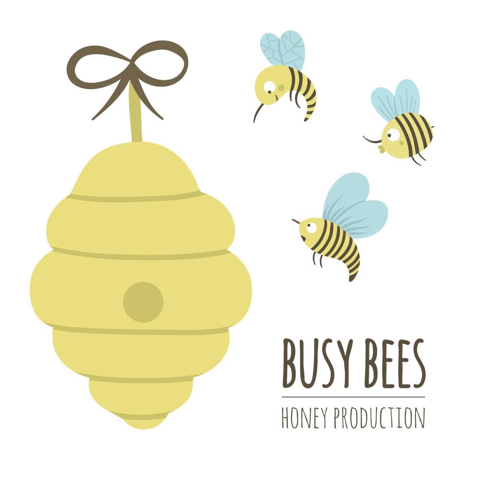 illustration vectorielle à plat dessinée à la main d'une ruche avec des abeilles. logo de production de miel, signe, bannière, affiche. modèle de carte pour les entreprises apicoles. vecteur