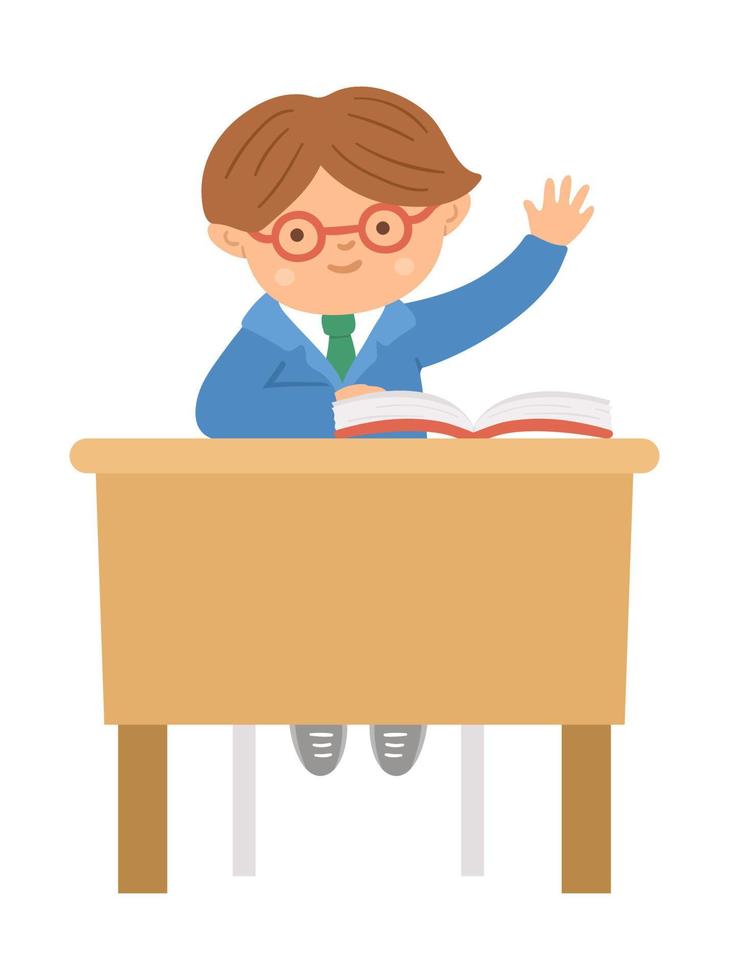 vecteur mignon écolier heureux assis au bureau avec la main vers le haut. illustration de la classe de l'école primaire. enfant intelligent dans des verres à la leçon. garçon prêt à répondre à la question de l'enseignant sur fond blanc.