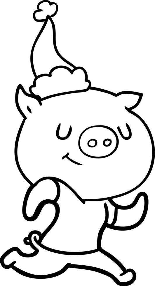 heureux dessin au trait d'un cochon qui court portant un bonnet de noel vecteur