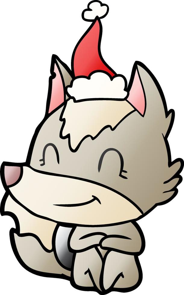 dessin animé dégradé amical d'un loup portant un bonnet de noel vecteur