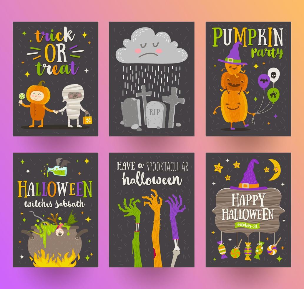 ensemble d'affiches d'halloween ou carte de voeux avec personnages de dessins animés, signe de vacances, symboles et conception de type. illustration vectorielle. vecteur