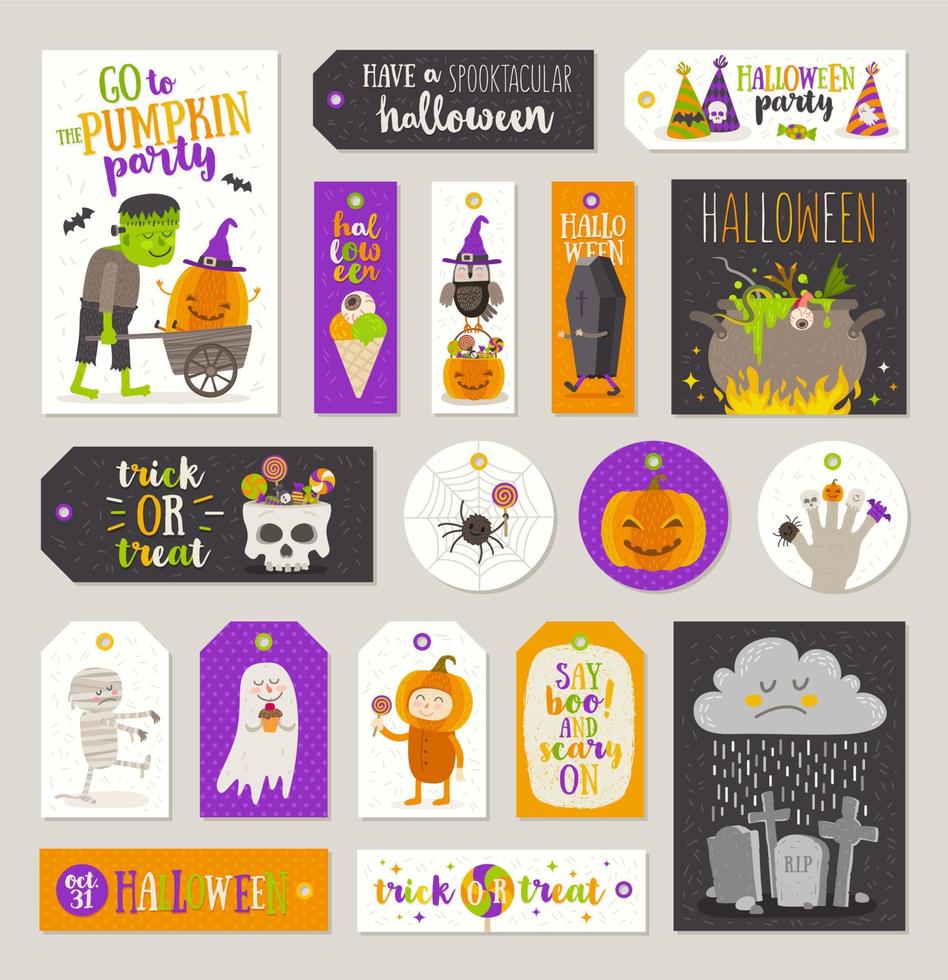 ensemble d'étiquettes et d'étiquettes cadeaux halloween avec personnages de dessins animés, salutations, signe et symbole de vacances. illustration vectorielle. vecteur