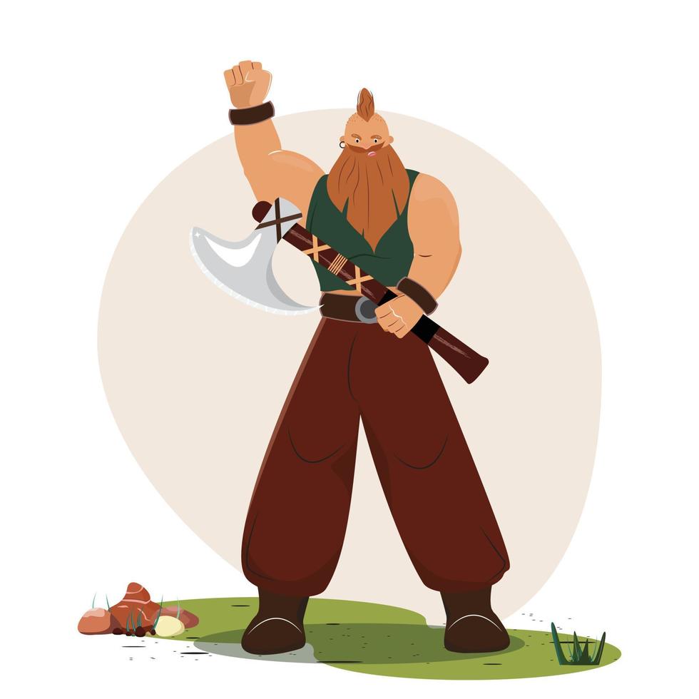 homme viking fort dans un style de dessin animé plat. viking debout sur le sol et tenant la hache prêt à se battre. illustration de vecteur de dessin animé isolé.