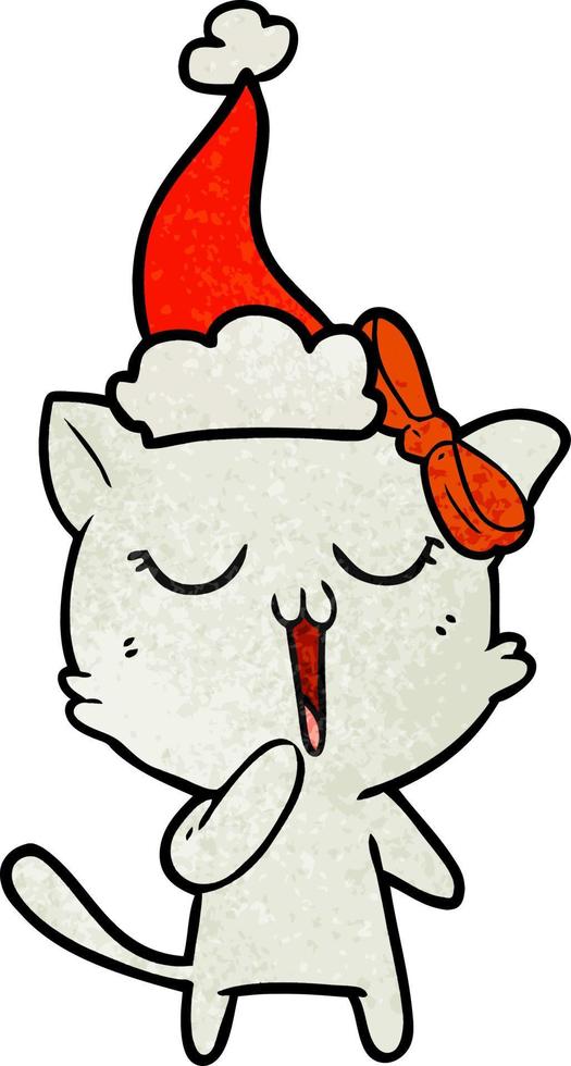 dessin animé texturé d'un chat portant un bonnet de noel vecteur