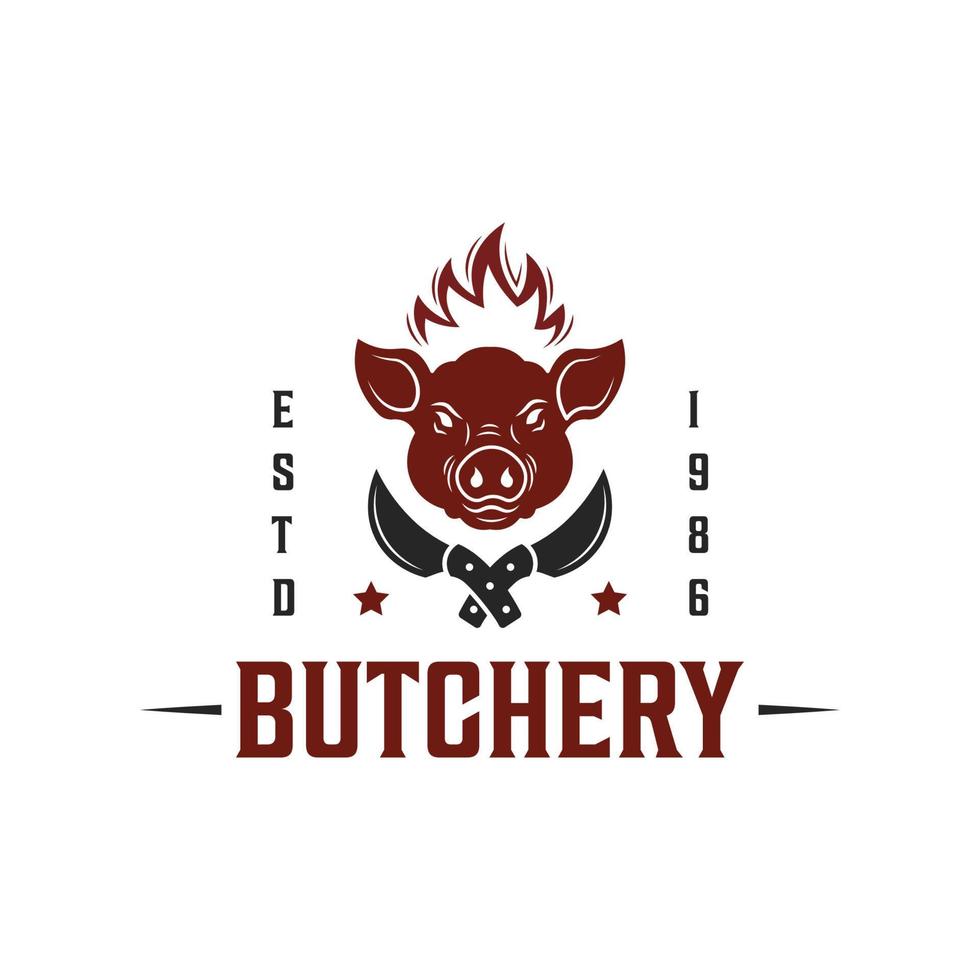 modèle de conception d'illustration vectorielle de logo de boucherie, tête de cochon et élément de conception vectorielle de logo de couteau de couperet de viande, bon pour la conception de logo de restaurant vecteur