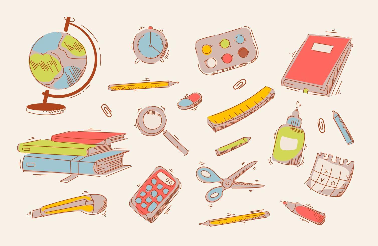 fournitures scolaires. piles de livres, stylos, crayons pour le bureau et l'école. retour à l'école. dessin à main levée. illustration vectorielle plane vecteur