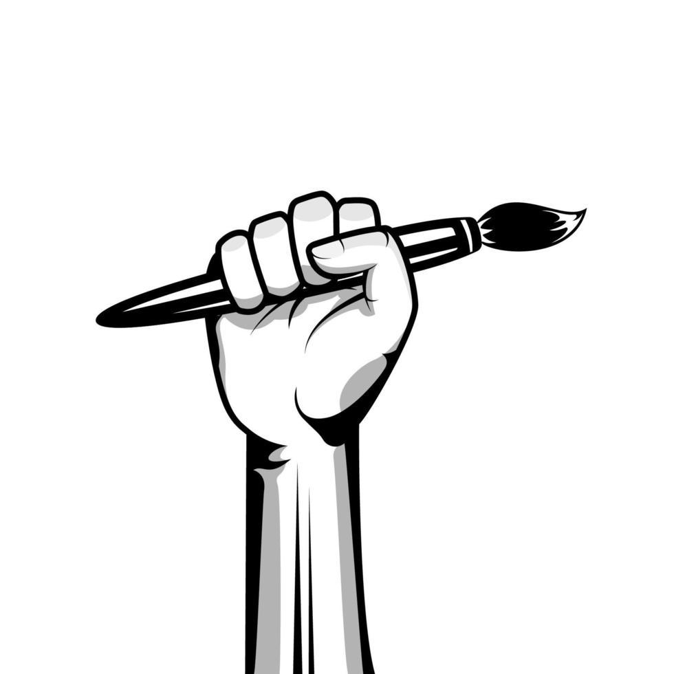 main tenant l'illustration vectorielle de pinceau de peinture d'artiste. bras levé avec une main tenant une brosse vecteur