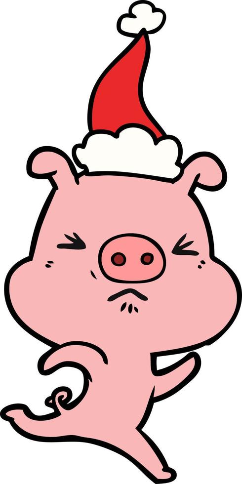 dessin au trait d'un cochon agacé qui court portant un bonnet de noel vecteur