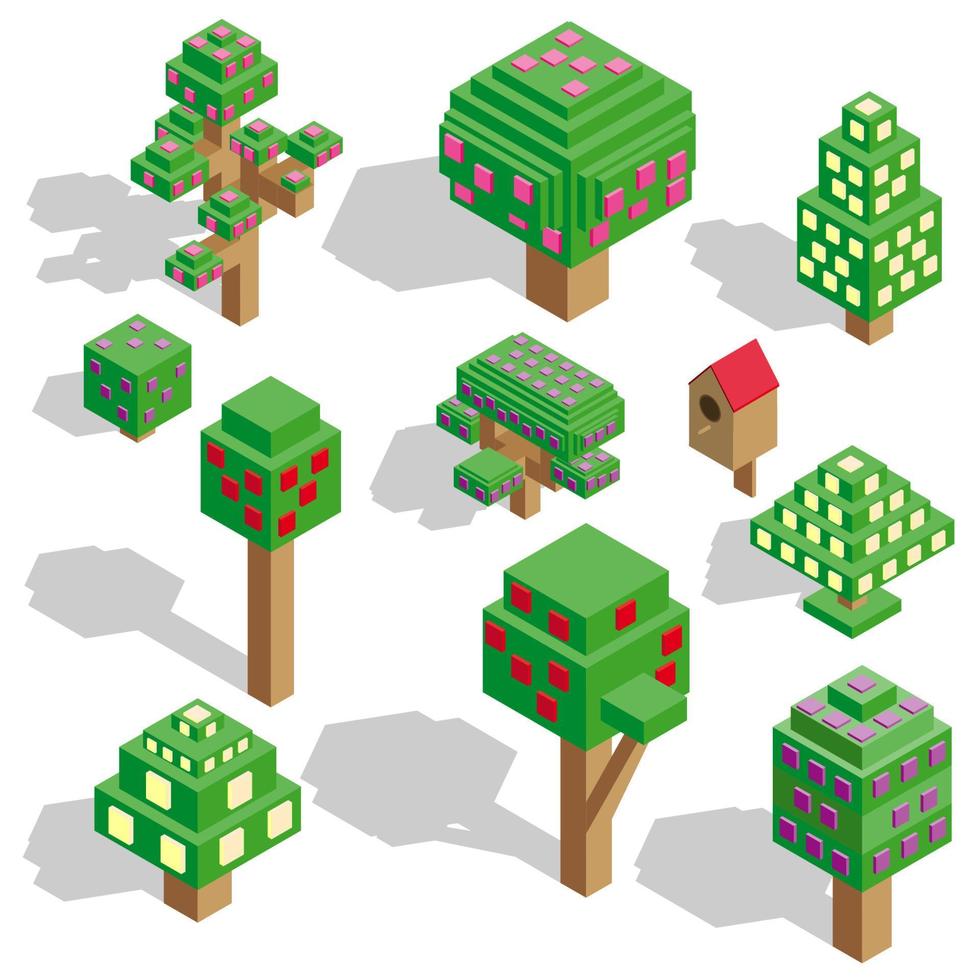 arbres à fleurs vectorielles isométriques pour forêt, parc, ville. icônes de kit de constructeur de paysage pour le jeu, la carte, les impressions, ets. isolé sur fond blanc. vecteur