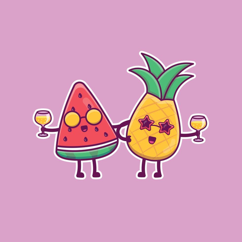 fruits de dessin animé mignon avec des cocktails en illustration d'été vecteur