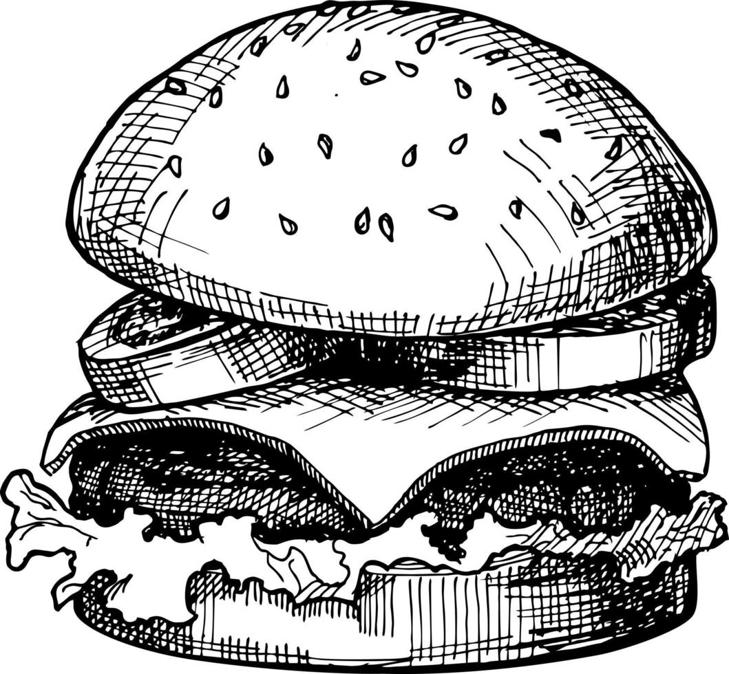 cheeseburger ou hamburger dessiné à la main. croquis illustration vectorielle vecteur