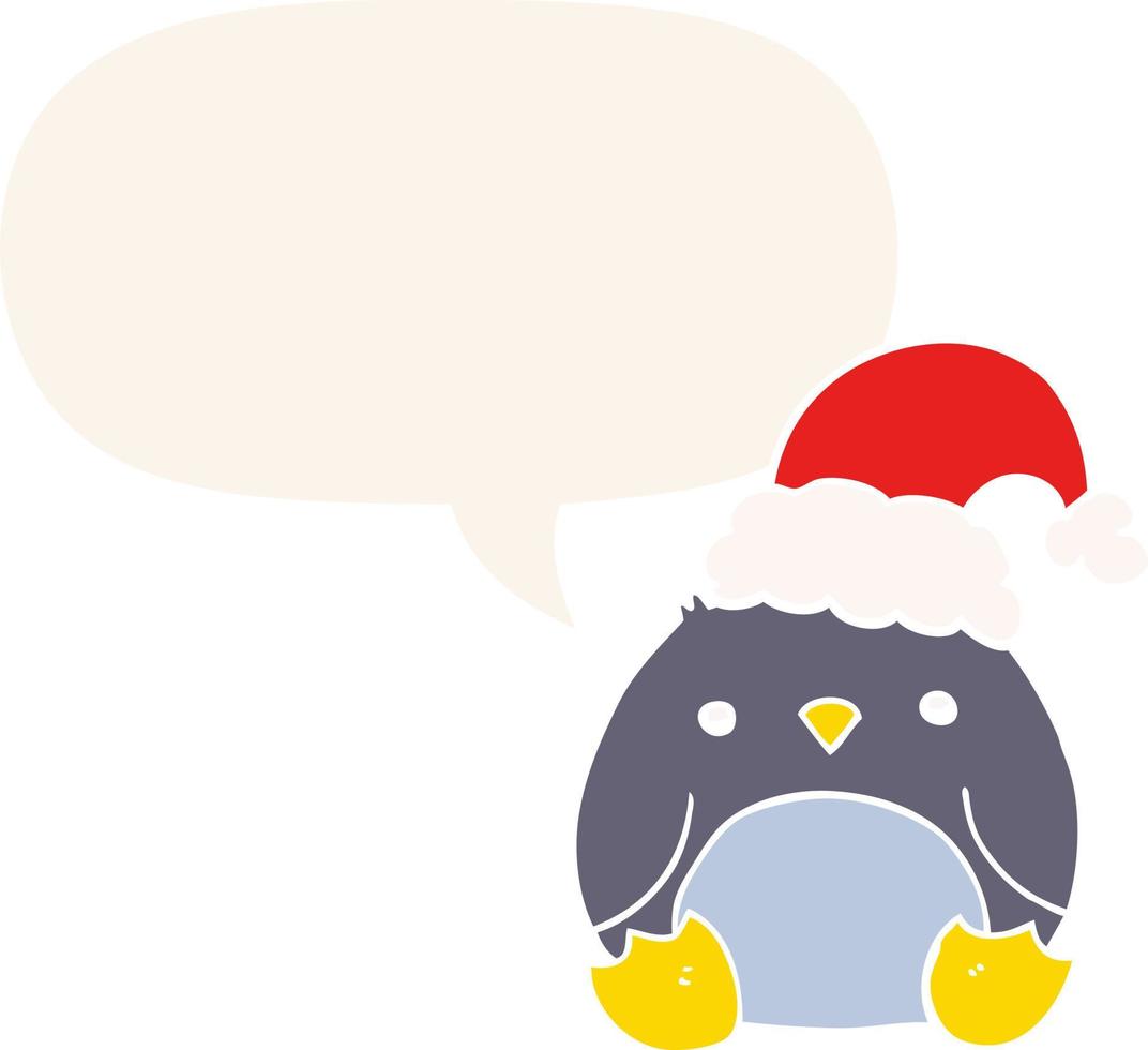 pingouin de dessin animé mignon portant un chapeau de noël et une bulle de dialogue dans un style rétro vecteur