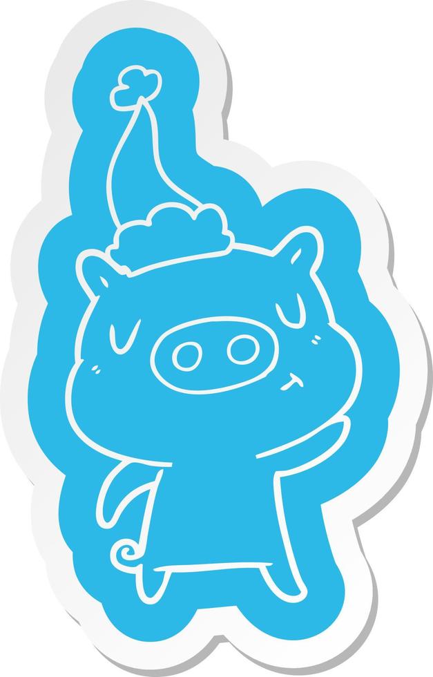 autocollant de dessin animé d'un cochon de contenu portant un bonnet de noel vecteur
