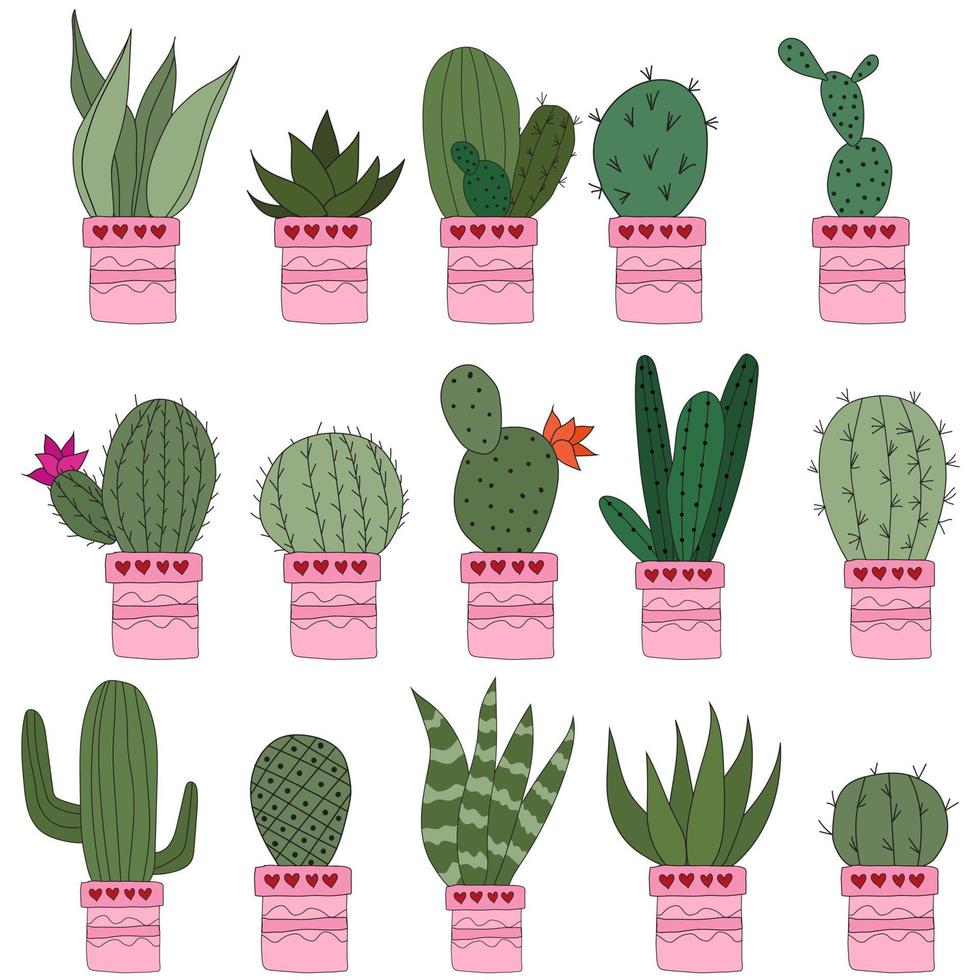 placez de jolis cactus doodle dans des pots roses. illustration vectorielle avec de jolies plantes d'intérieur. lot de 15 plantes vecteur