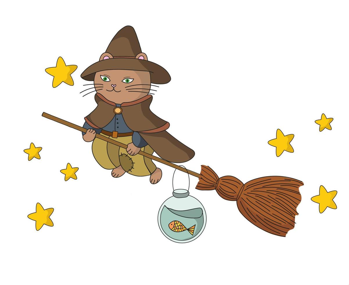 illustration d'un chat de sorcière volant sur un balai avec un aquarium autour des étoiles. chat de sorcière d'halloween. personnage de dessin animé vecteur