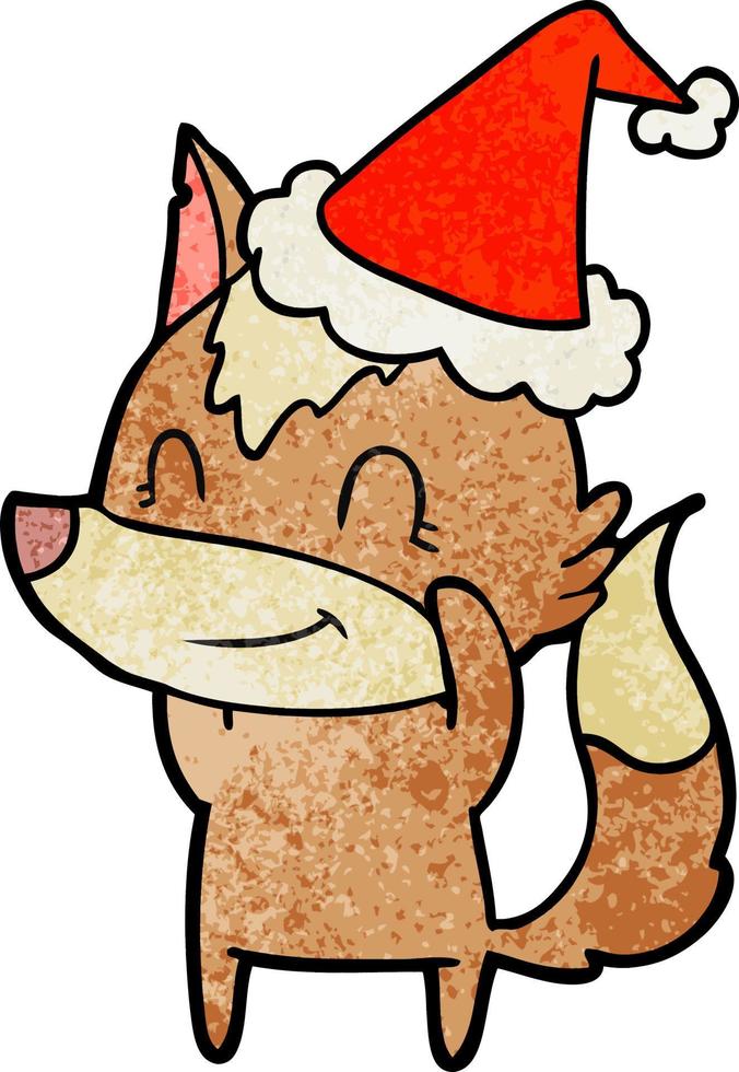 sympathique dessin animé texturé d'un loup portant un bonnet de noel vecteur