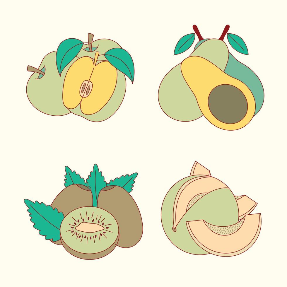 ensemble de fruits verts de pomme, avocat, kiwi et melon illustration design plat vecteur