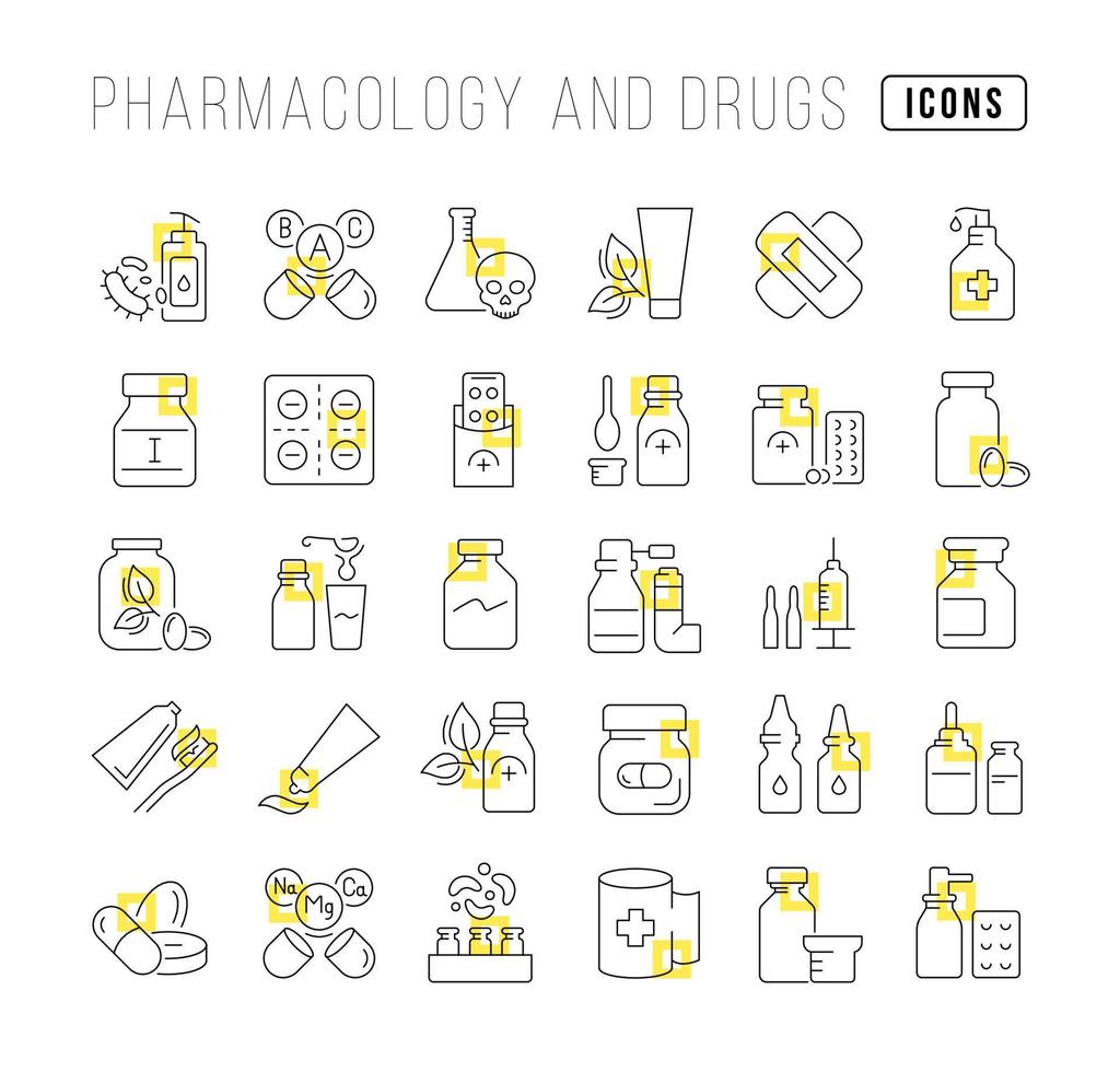 ensemble d'icônes linéaires de pharmacologie et de médicaments vecteur