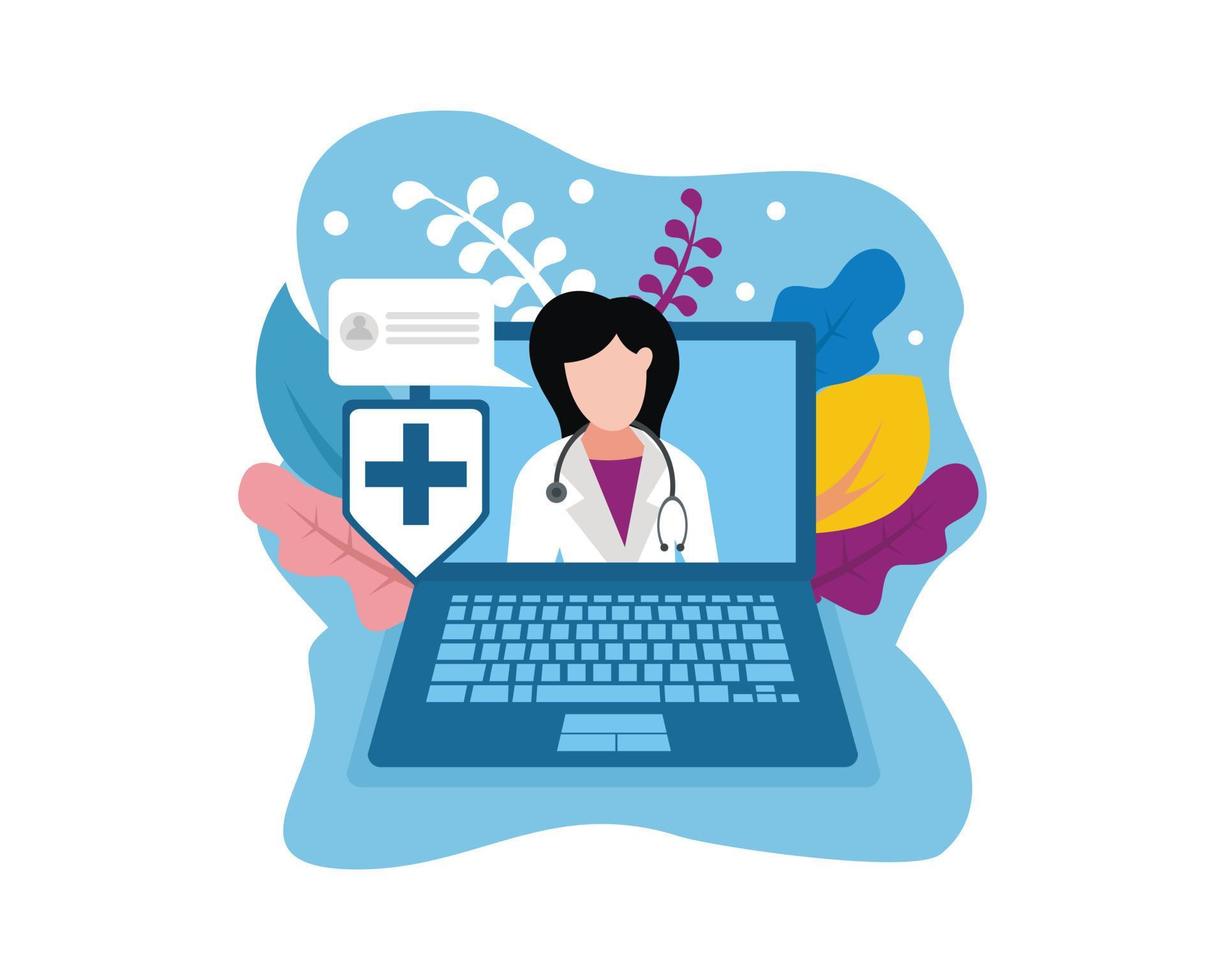 illustration graphique vectoriel d'une femme médecin à l'intérieur d'un écran d'ordinateur portable, montrant un bouclier de signe plus et un chat de message, parfait pour la médecine, la pharmacie, la santé, l'hôpital, etc.