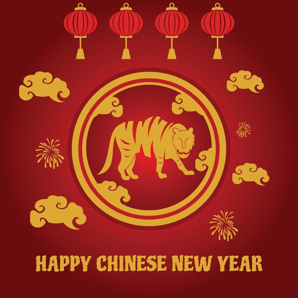 illustration vectorielle graphique d'un tigre dans un cercle et entouré de nuages, affichant des lanternes, parfait pour la religion, les vacances, la culture, la journée chinoise, la carte de voeux, etc. vecteur