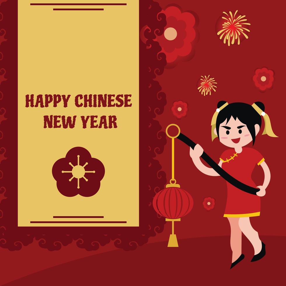 illustration graphique vectoriel d'une fille apporte une lanterne et célèbre le nouvel an chinois, parfait pour la journée chinoise, la religion, les vacances, la culture, la carte de voeux, etc.