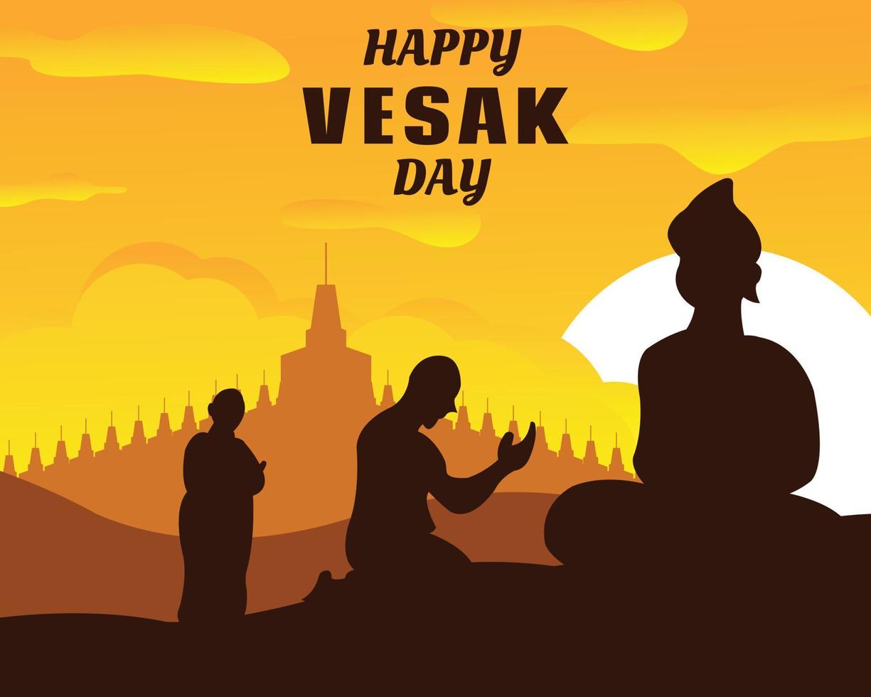 illustration graphique vectoriel de deux moines priant devant le bouddha, affichant le temple dans les montagnes, parfait pour la religion, les vacances, la culture, la tradition, le jour du vesak, la carte de voeux, etc.
