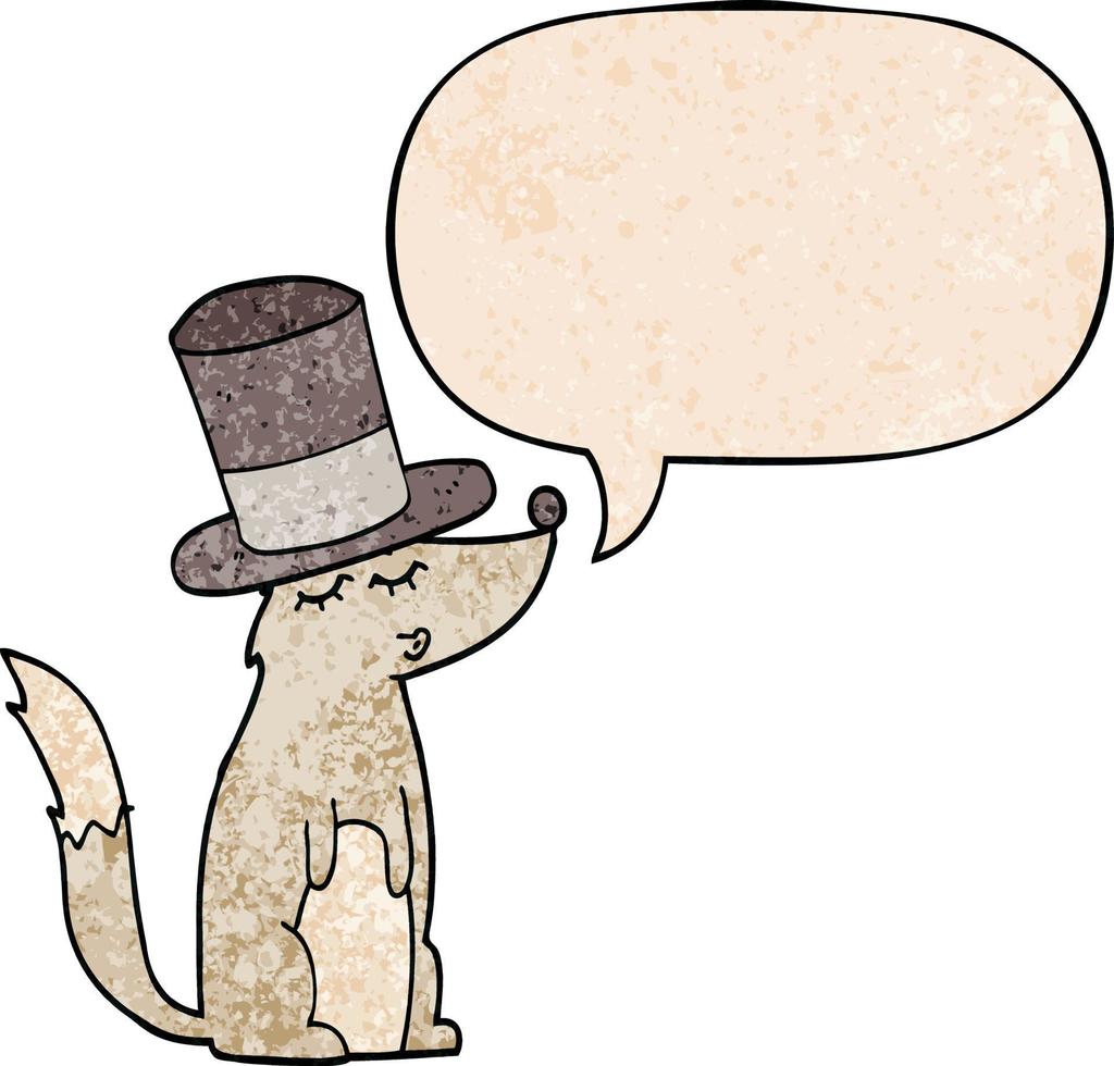 loup de dessin animé sifflant portant un chapeau haut de forme et une bulle de dialogue dans un style de texture rétro vecteur