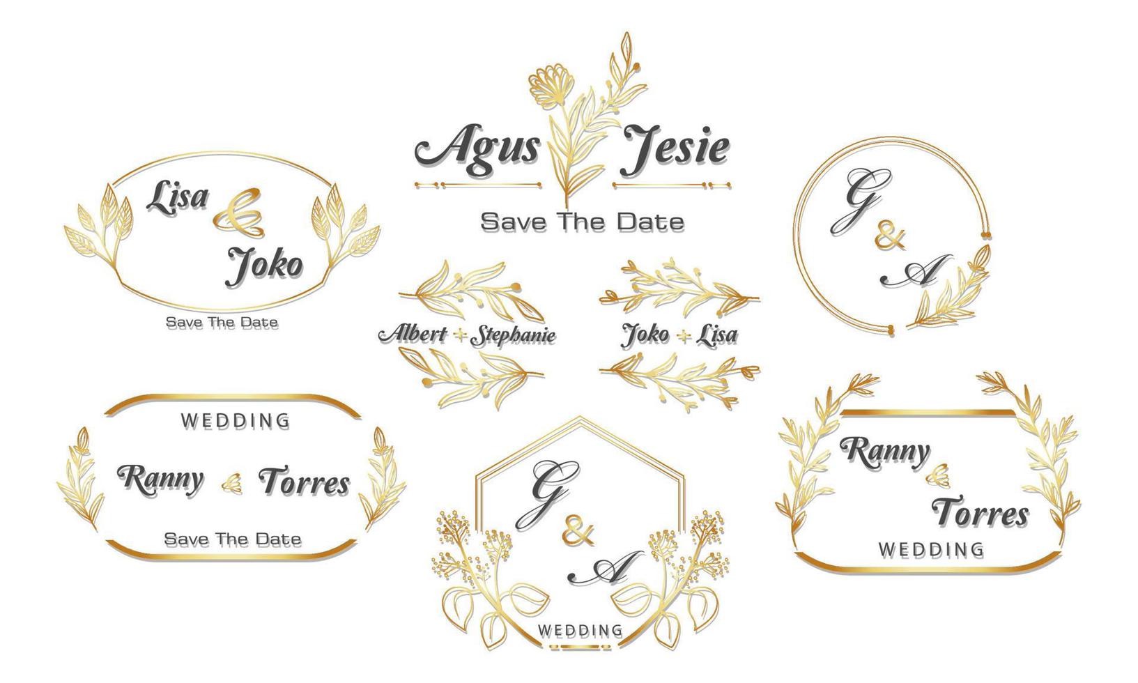 ensemble de décor de cadre doré, conception de calligraphie vintage et feuille florale avec forme surround, modèle d'invitation, mariage, carte de voeux, etc. vecteur