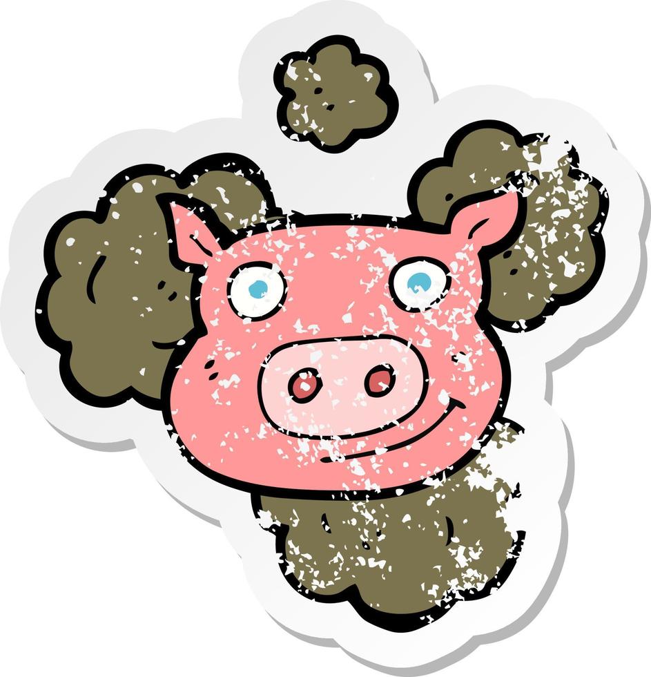 autocollant rétro en détresse d'un dessin animé cochon sale vecteur