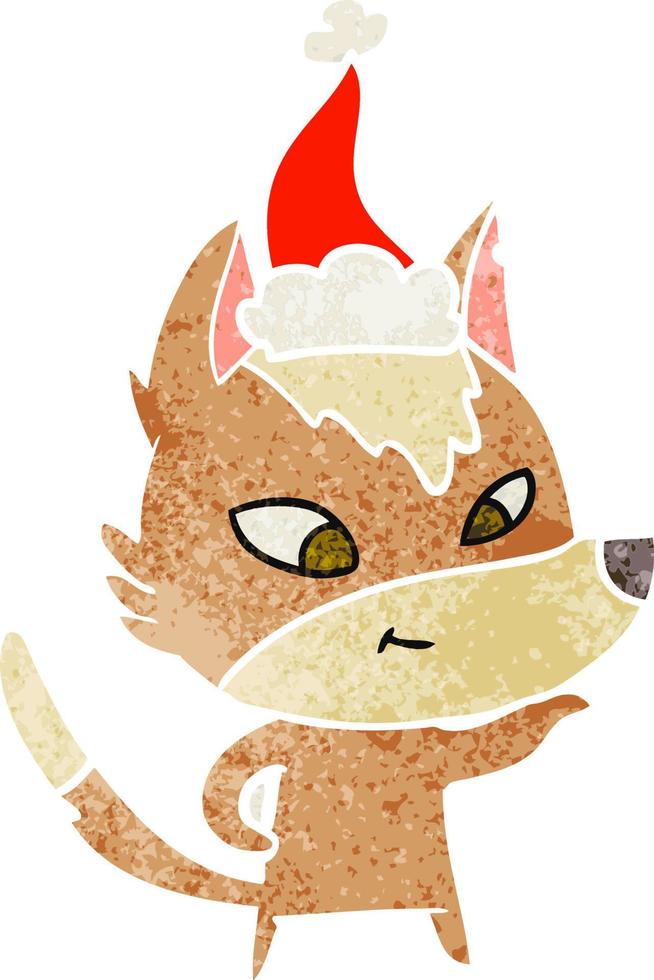 sympathique dessin animé rétro d'un loup portant un bonnet de noel vecteur