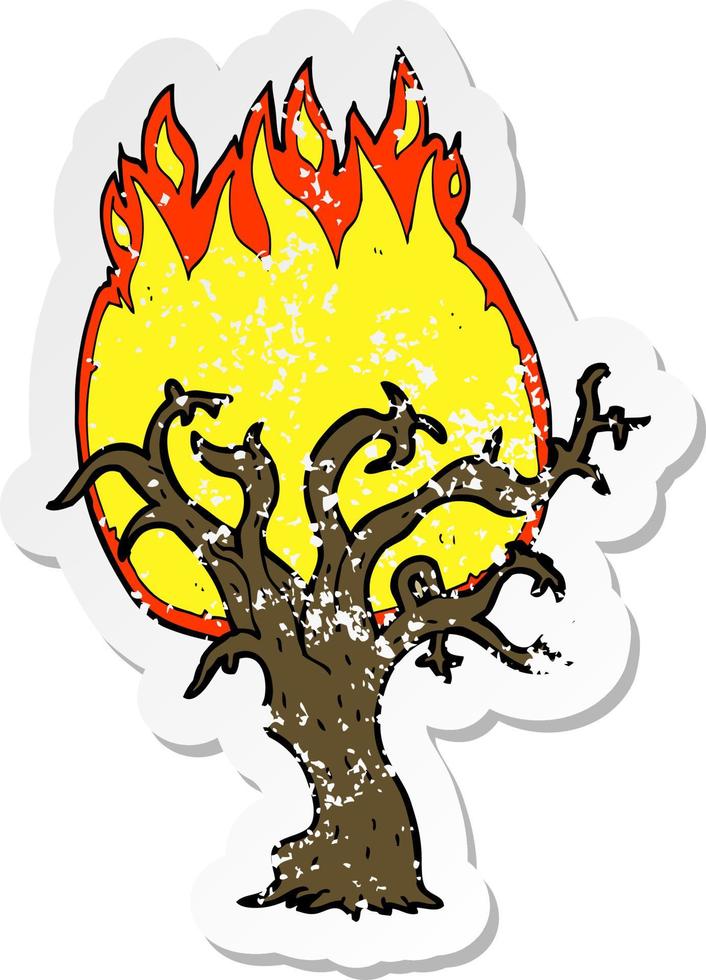 autocollant rétro en détresse d'un arbre d'hiver de dessin animé en feu vecteur